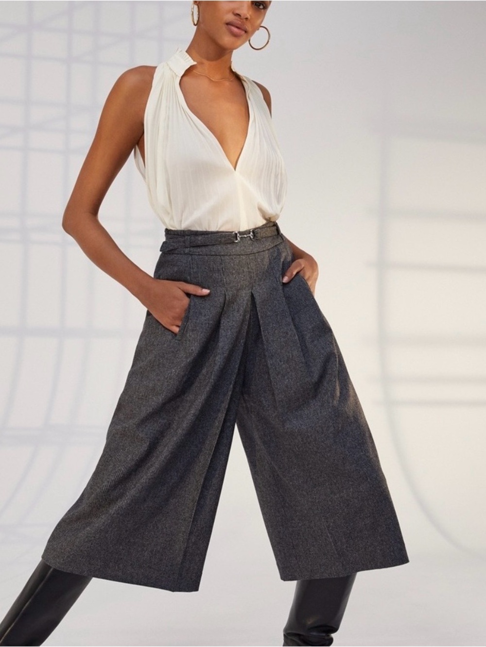 Babaton Pleated High Rise Wide Leg Wool Cashmere Blend Culottes Charcoal Grey